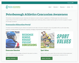 Screenshot of the new website design for Peterborough Athletics Concussion Awareness (PACA)